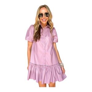 Karlie Faux Leather Dress Lavender Puff Sleeve Drop Waist Button Down NWT